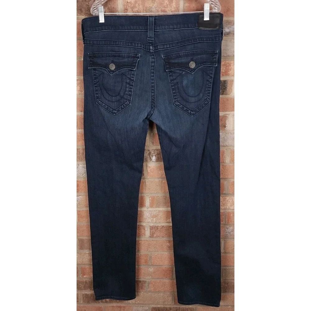 True Religion Geno W Flaps Relaxed Slim Jeans Mens 36x34 Dark Wash Stretch Denim